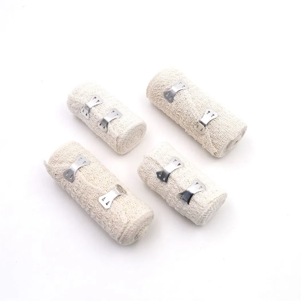 Medical Cotton Raw/Bleached White/Skin Color 60GSM/65GSM/70GSM Spandex Elastic Crepe Bandage with Two Metal Clips