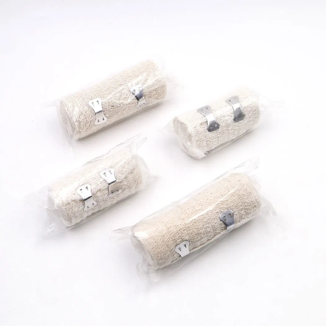 Medical Cotton Raw/Bleached White/Skin Color 60GSM/65GSM/70GSM Spandex Elastic Crepe Bandage with Two Metal Clips