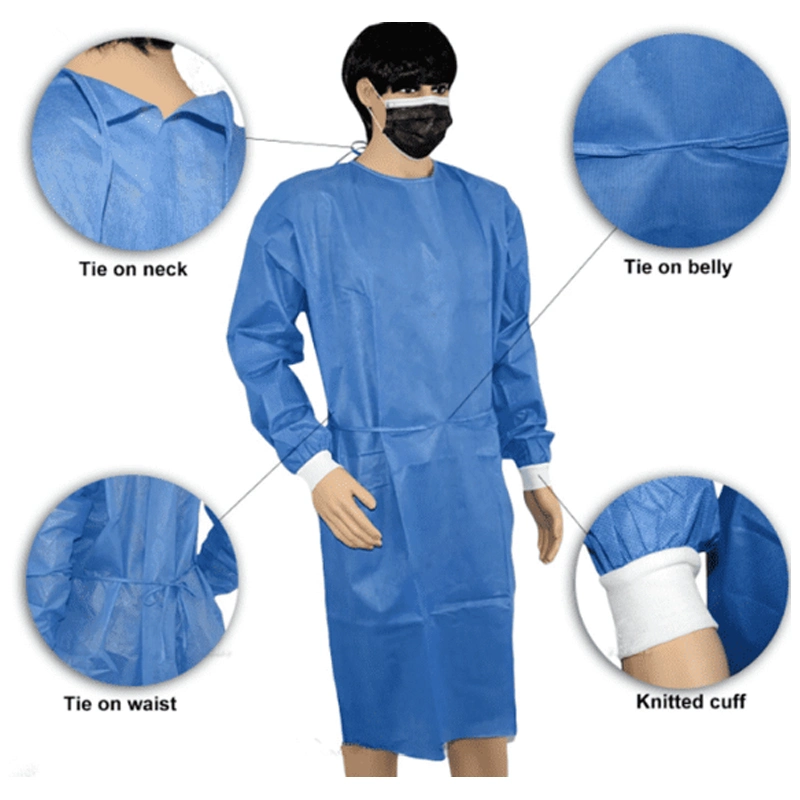 Hubei Non Woven PP SMS Disposable Isolation Gown 45GSM with Ties on Neck and Waist for Hospital