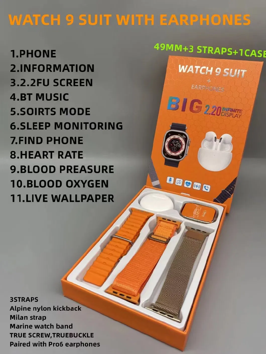 Smart Watch 9 Suit 49mm Big 2.20&quot; 3 Smartwatch Bands with Earbuds Sport Model Reloj OEM ODM Hot Sale