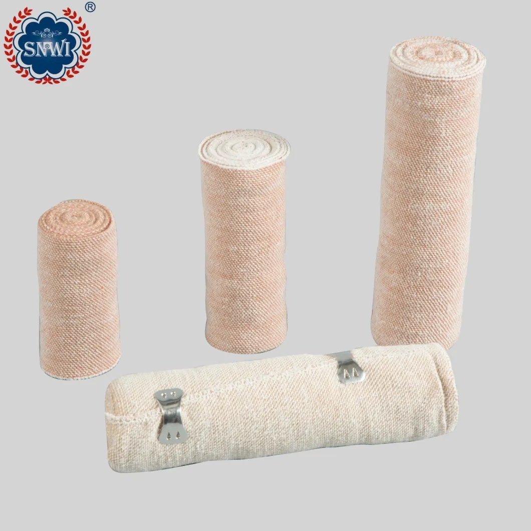 High Quality Emergency Medical Surgical Cotton Disposable Red Blue Line Spandex Crepe Elastic Bandage with Metal Clips