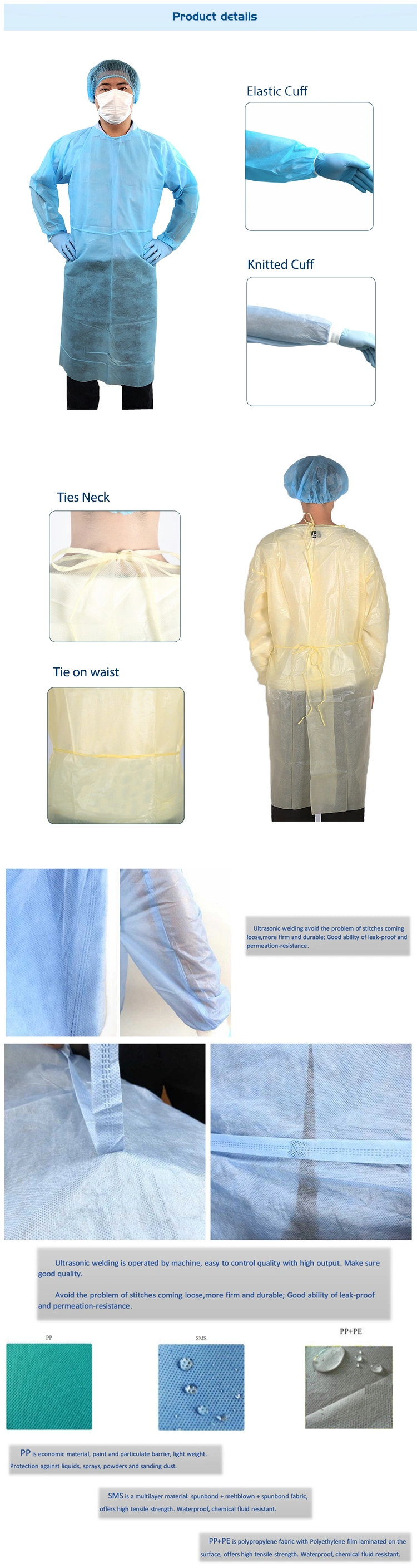 Disposable PP Non-Woven Surgical Gown, SMS Isolation Gown for Visitors