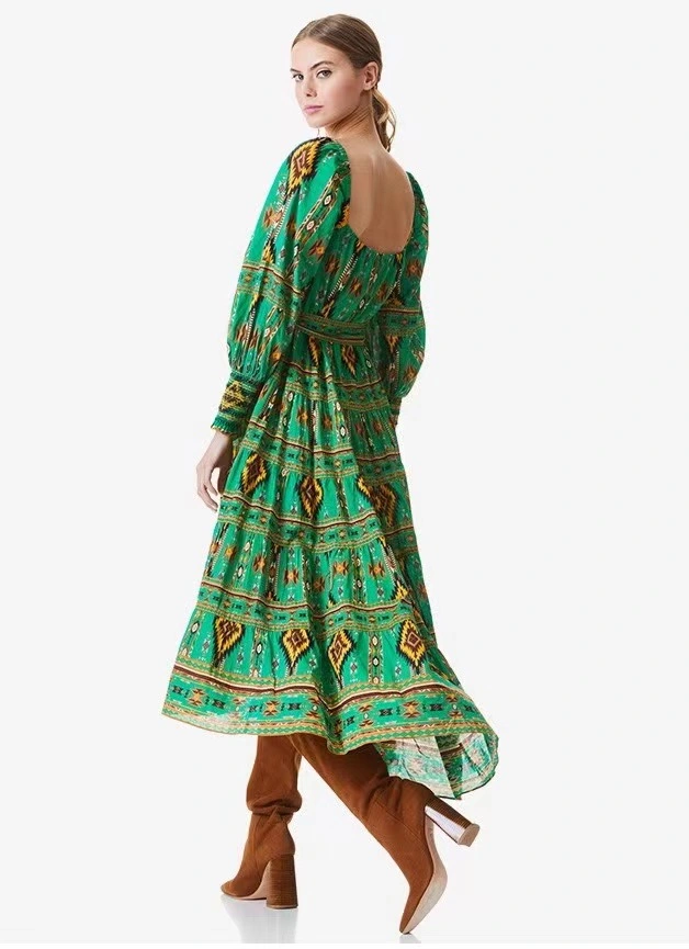 Spring Fresh Vintage Printed Flok Style Square-Neck Ruff Sleeve Vibrant MIDI Dress