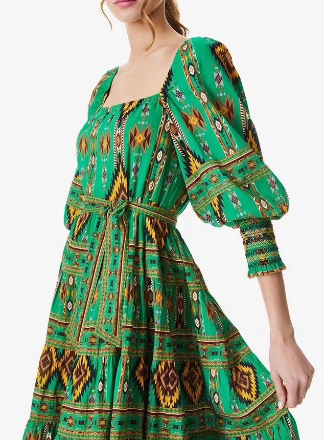 Spring Fresh Vintage Printed Flok Style Square-Neck Ruff Sleeve Vibrant MIDI Dress