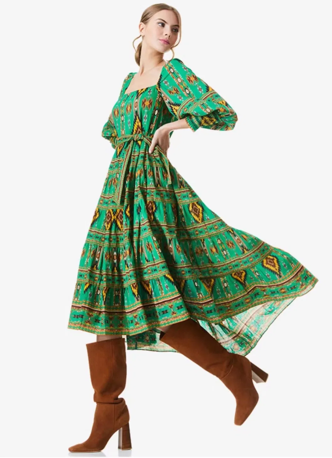 Spring Fresh Vintage Printed Flok Style Square-Neck Ruff Sleeve Vibrant MIDI Dress