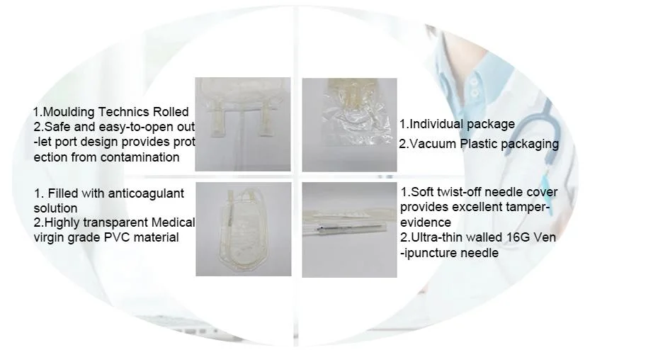 CE/ISO Medical Disposable Sterile Manufacturers Price PVC Cpda-1 Blood Collection Bag 100 Ml 250ml 450ml 500ml Medical Quadruple Triple Double Single Blood Bag