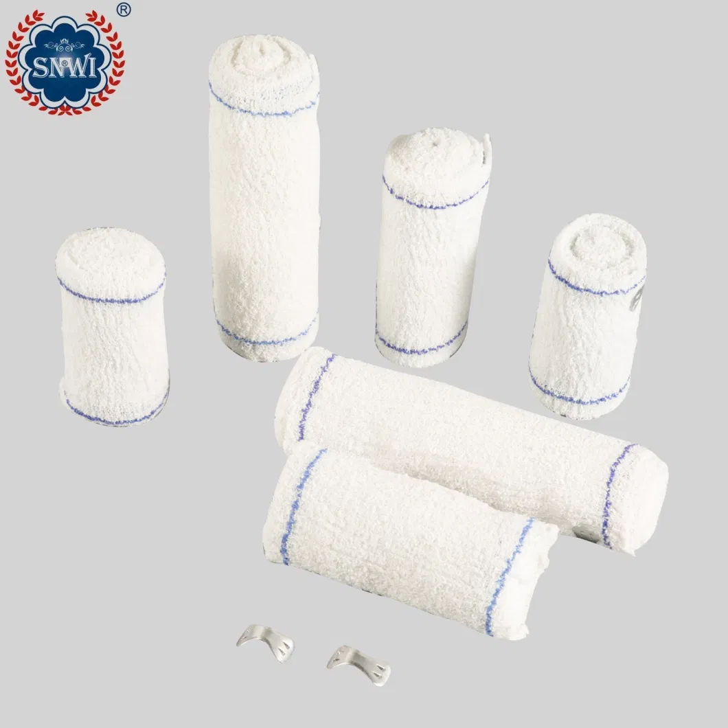 High Quality Emergency Medical Surgical Cotton Disposable Red Blue Line Spandex Crepe Elastic Bandage with Metal Clips