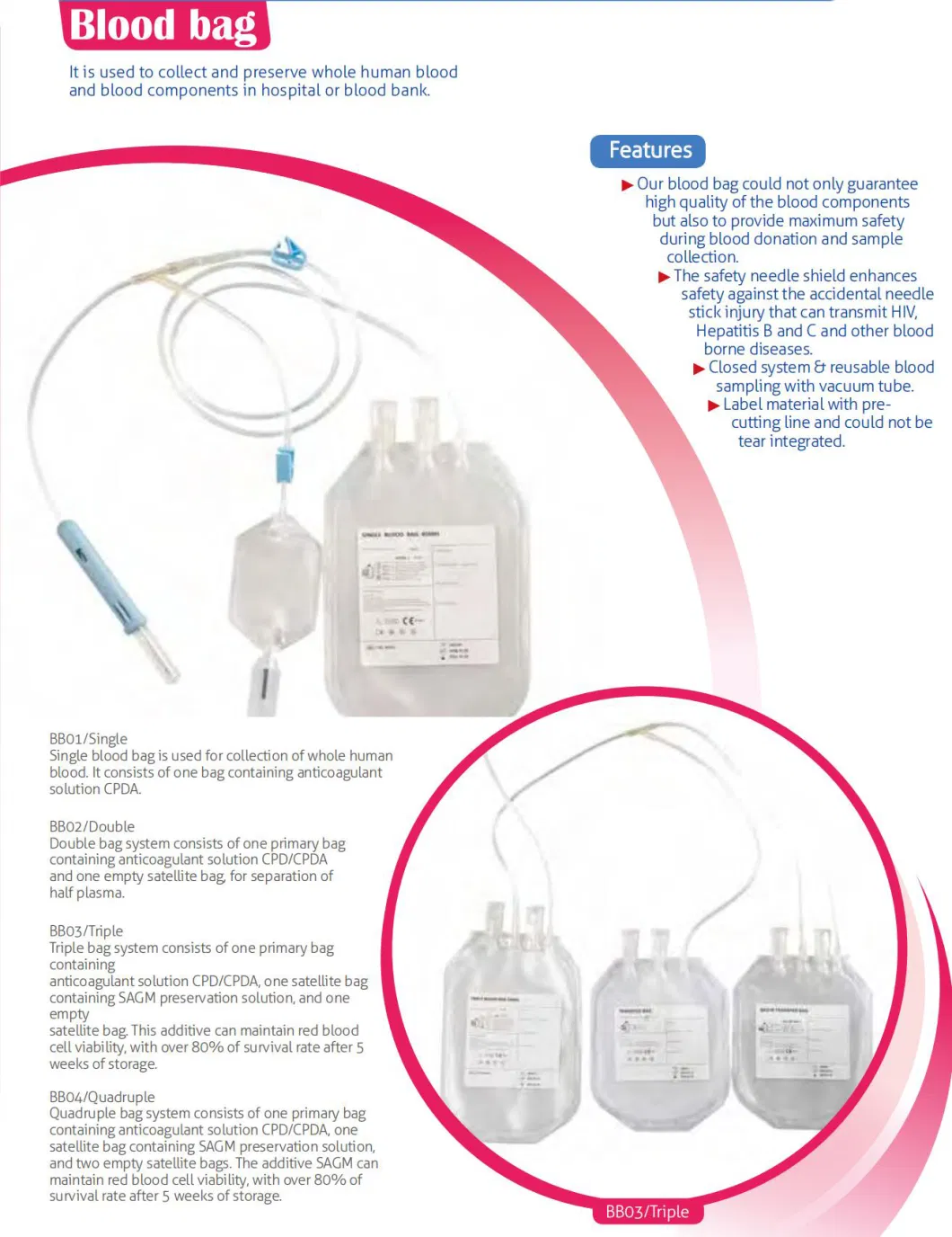 Medical Transfusion Blood Bag 250ml 350ml 450 Ml 500ml Single Double Triple Quadruple Blood Bag