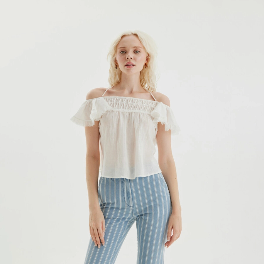 New Design Slip Solid Color Ruff Linen Fashion Tops for Women