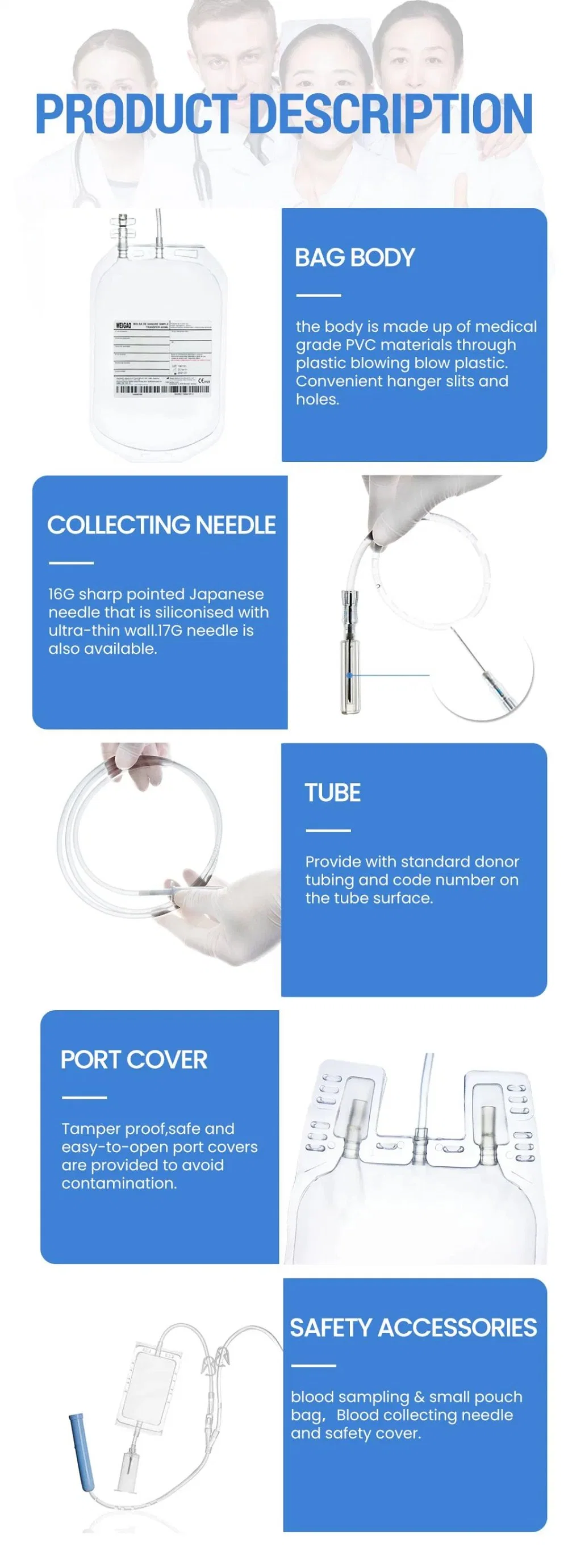 Wholesale Price Disposable Medical PVC Single Double Triple Quadruple Transfusion Blood Bag