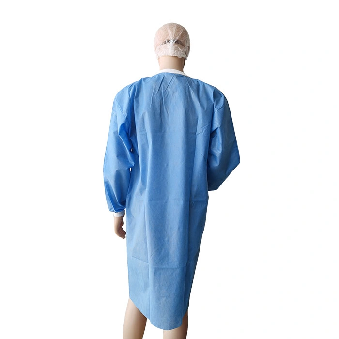 Medical Supply Non-Sterile Disposable Blue Disposable Gowns X-Large 40 GSM SMS Lab Coat with Knit Wrists Knit Collar 3 Pockets