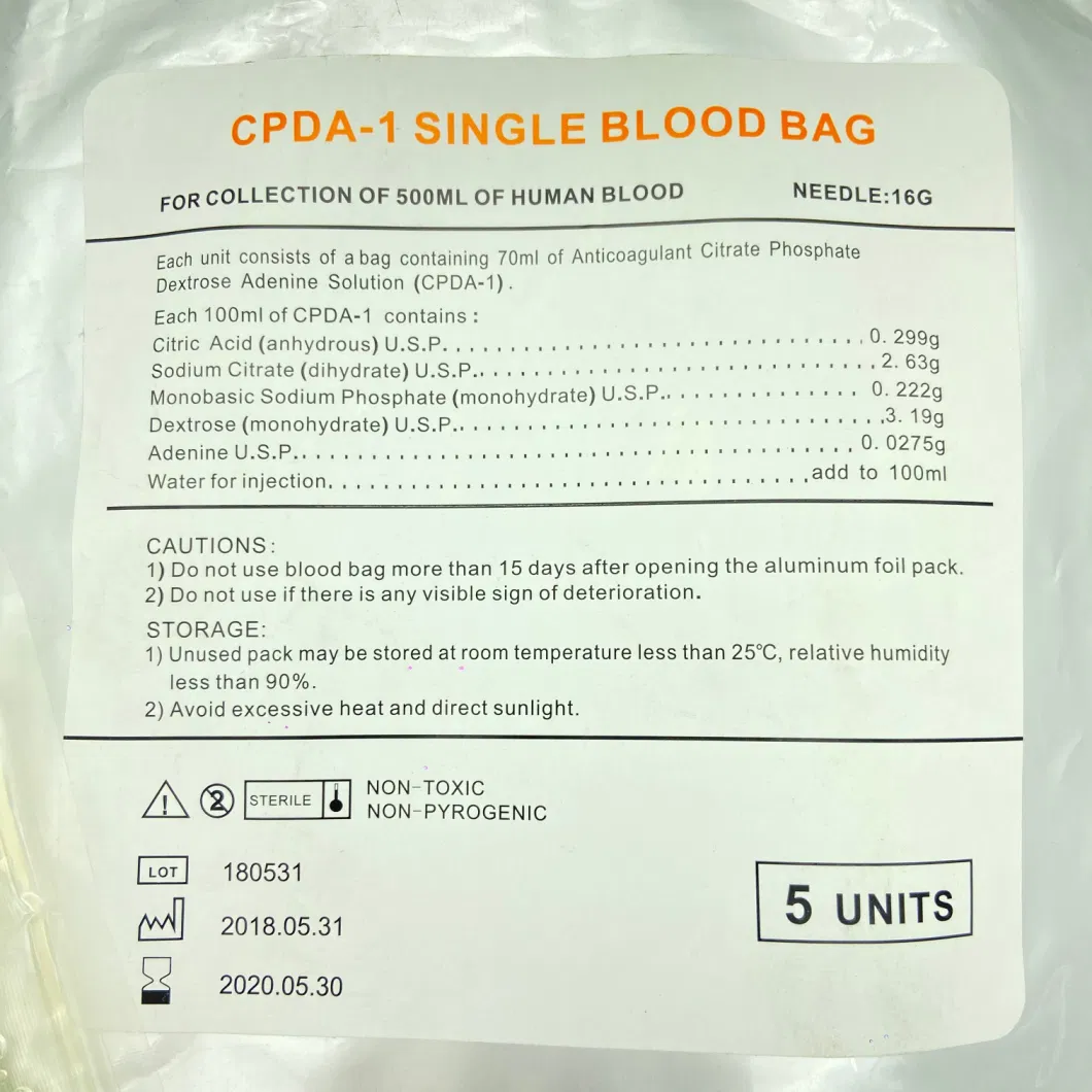 Medical 250ml/350ml/450ml/500ml Single Blood Bag for Single Use