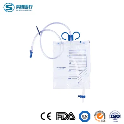 Bolsa de orina de pacientes pediátricos Sunton fábrica China de fábrica de la bolsa de PIS 2000ml 1000ml PVC Bolsa de orina de la válvula de la Cruz de la bolsa de drenaje de orina desechable con válvula de simétrico de lujo tipo