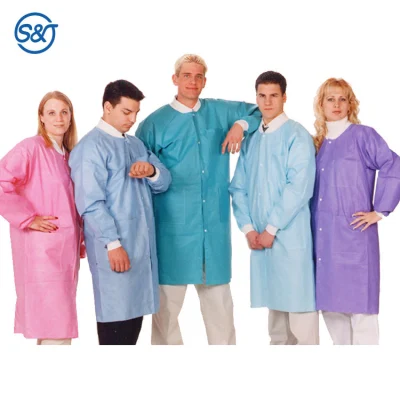 SJ ropa desechable Azul Rosa SMS transpirable resistente a líquidos de laboratorio Abrigo con bolsillos cuello de punto y puños
