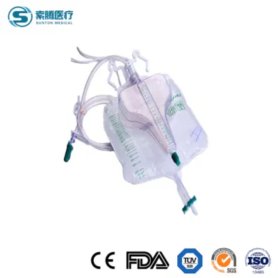 Bolsa de orina de pacientes pediátricos Sunton fábrica China de fábrica de la bolsa de PIS 2000ml 1000ml PVC Bolsa de orina de la válvula de la Cruz de la bolsa de drenaje de orina desechable con válvula de simétrico de lujo tipo