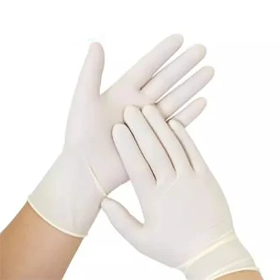 China Mayoreo médico desechable examen de seguridad Guantes sin polvo látex Guantes quirúrgicos de goma para manos
