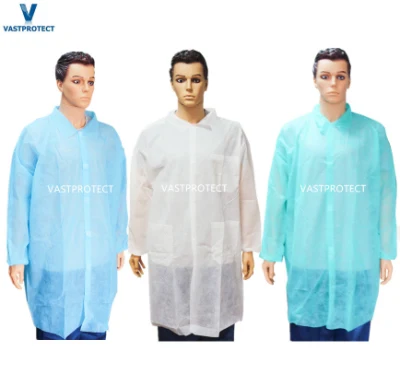 Polvo de visitante de Protección de fábrica Polipropileno SMS Microporous no tejido PP desechable Bata de laboratorio