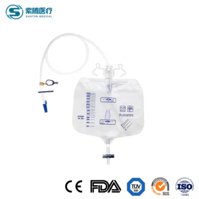 Bolsa de orina de pacientes pediátricos Sunton fábrica China de fábrica de la bolsa de PIS 2000ml 1000ml PVC Bolsa de orina de la válvula de la Cruz de la bolsa de drenaje de orina desechable con válvula de simétrico de lujo tipo
