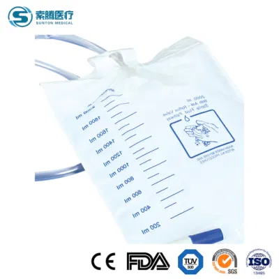 Bolsa de orina de pacientes pediátricos Sunton fábrica China de fábrica de la bolsa de PIS 2000ml 1000ml PVC Bolsa de orina de la válvula de la Cruz de la bolsa de drenaje de orina desechable con válvula de simétrico de lujo tipo