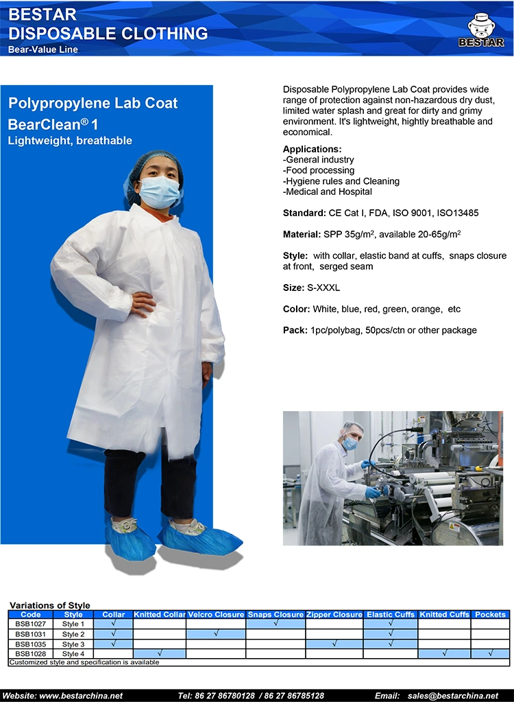 Disposable Non-Woven Spp Polypropylene Lint Free Lab Coat Visitor Coat Blouse for Food Industry