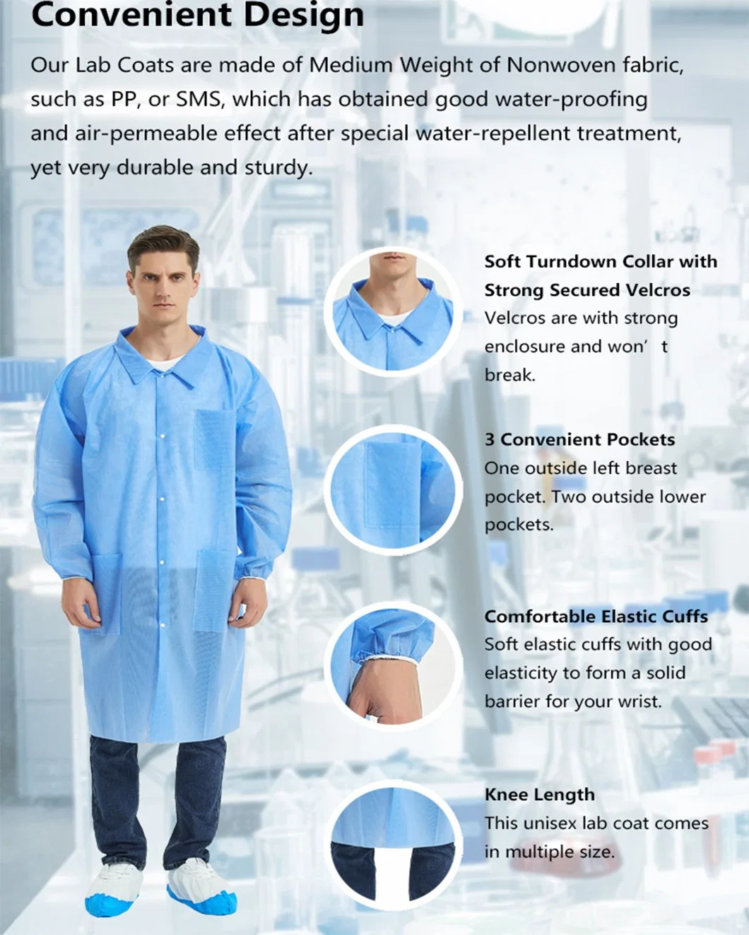 Disposable Nonwoven PP Lab Coat with Pockets