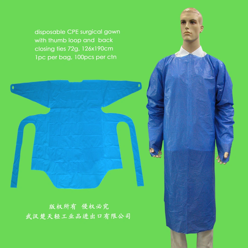 Medical Waterproof/Plastic CPE/Poly/PE/Scrub/Operation/PP/SMS Nonwoven Disposable Protective Isolation Surgical Gown for Doctor/Surgeon/Patient/Visitor/Hospital