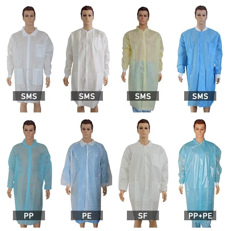 Disposable Surgical Gown Medical Isolational 25GSM PP Lab Coat, White and Blue Medical Doctor and Nurse Scrub Suits and Lab Coat
