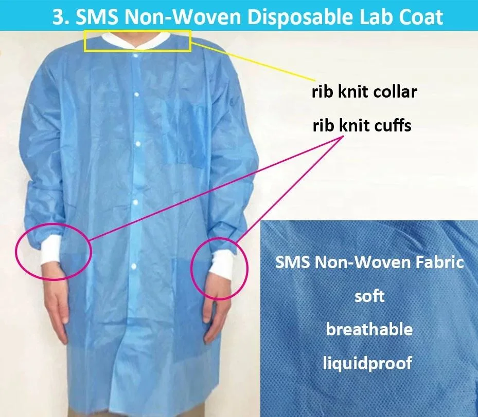 Disposable Surgical Gown Medical Isolational 25GSM PP Lab Coat, White and Blue Medical Doctor and Nurse Scrub Suits and Lab Coat