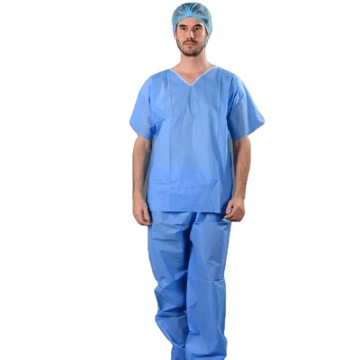  Vendita all&prime;ingrosso uniformi mediche a manica corta Set di scrub blu monouso Tuta con collare a V per pazienti non tessuti