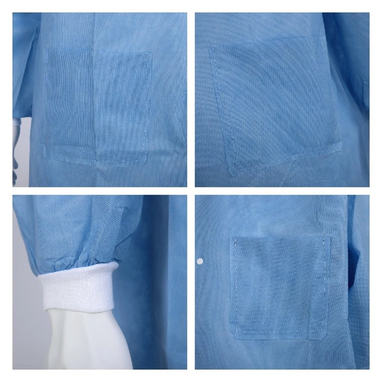 SJ Disposable Clothing Blue Pink SMS Breathable Fluid Resistant Lab Coat with Pockets Knitted Collar and Cuffs