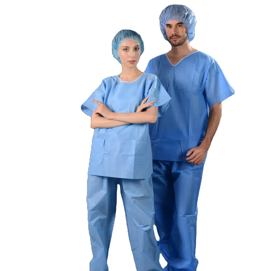 Wholesale Short Sleeve Medical Uniforms Nursing Blue Scrubs Sets Disposable Non Woven Patient V-Collar Scrub Suit