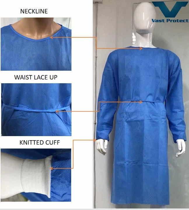 En13795 SMS Waterproof Strong Anti-Mildew Anti-Bacterial Easy to Wear Isolation Gown