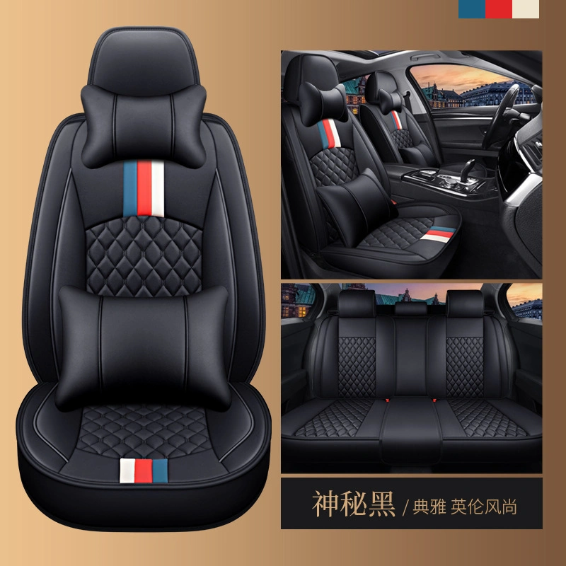 PU Leather Sweat Car Seat Cover 5 Seats Full Set Car Seat Cover Black Fine Needlework Red Line Stitching