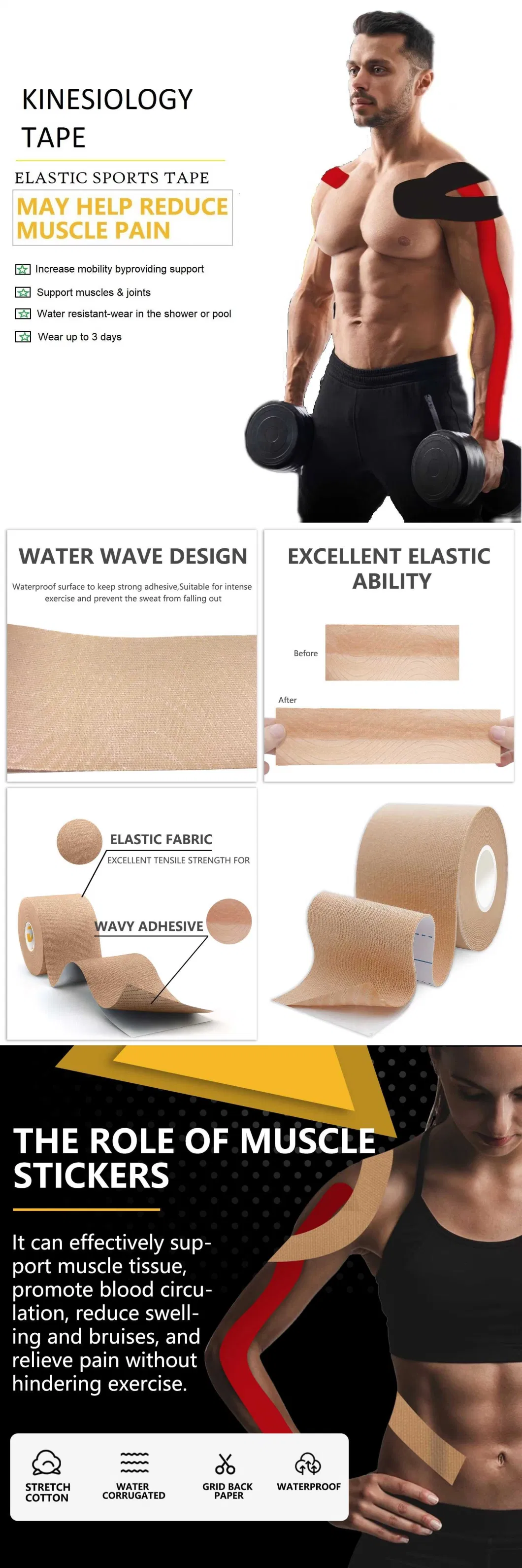 Wholesale Big Roll Cotton Waterproof Sport Cloth Elastic Self Adhesive Kinesiology Tape