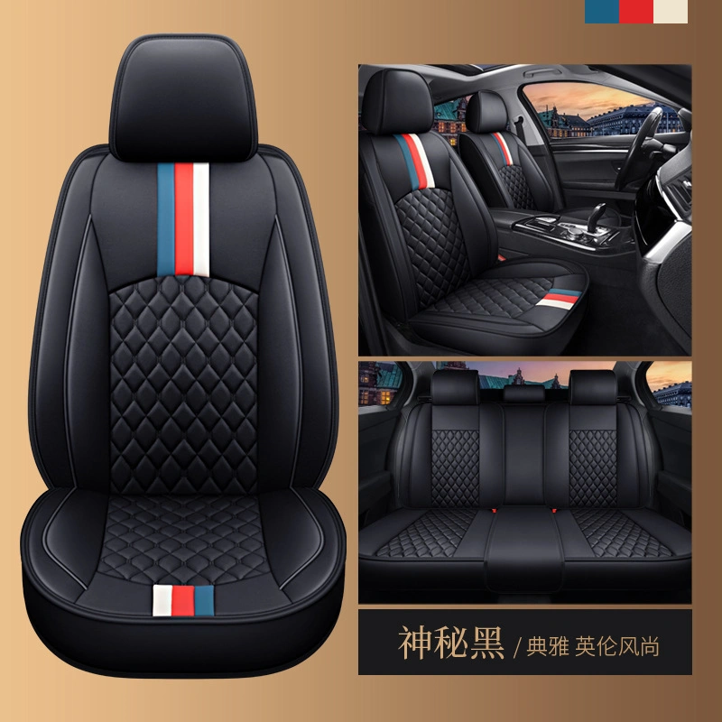 PU Leather Sweat Car Seat Cover 5 Seats Full Set Car Seat Cover Black Fine Needlework Red Line Stitching