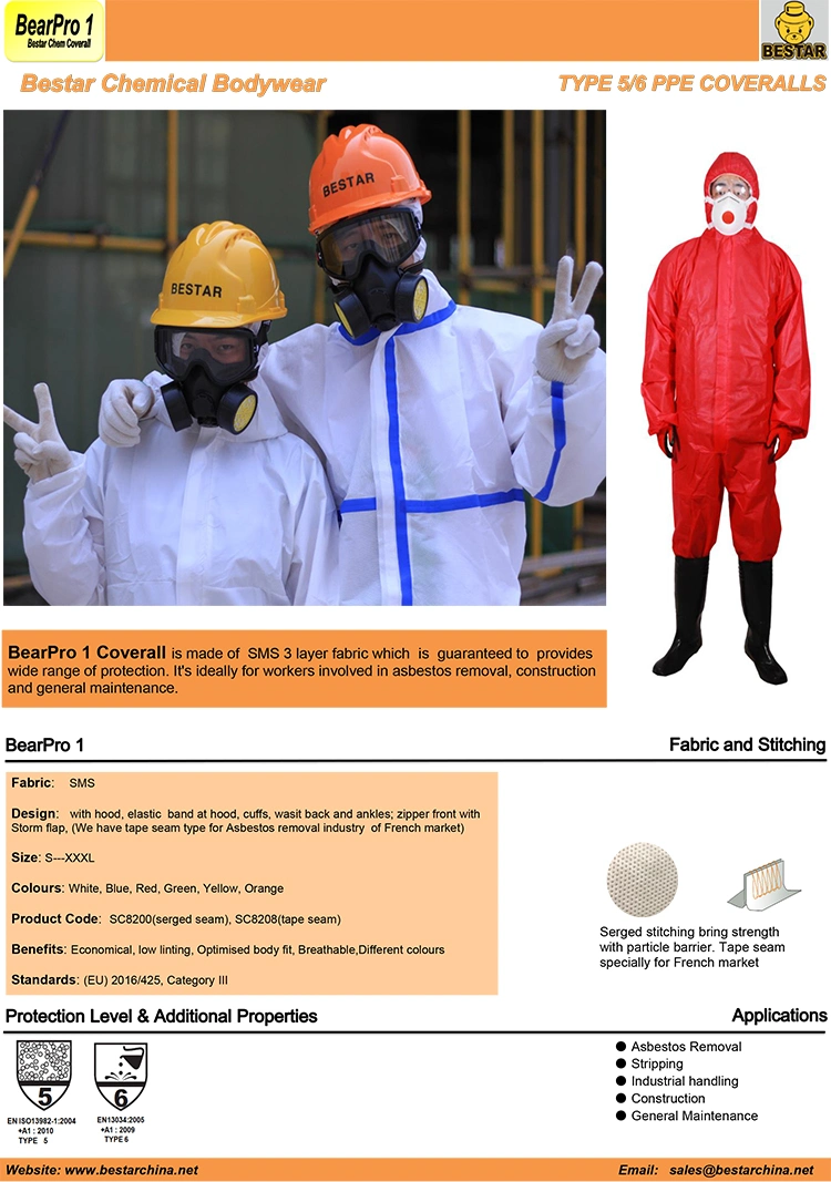 Disposable Nonwoven Type 5/6 SMS Coverall for Asbestos Removal