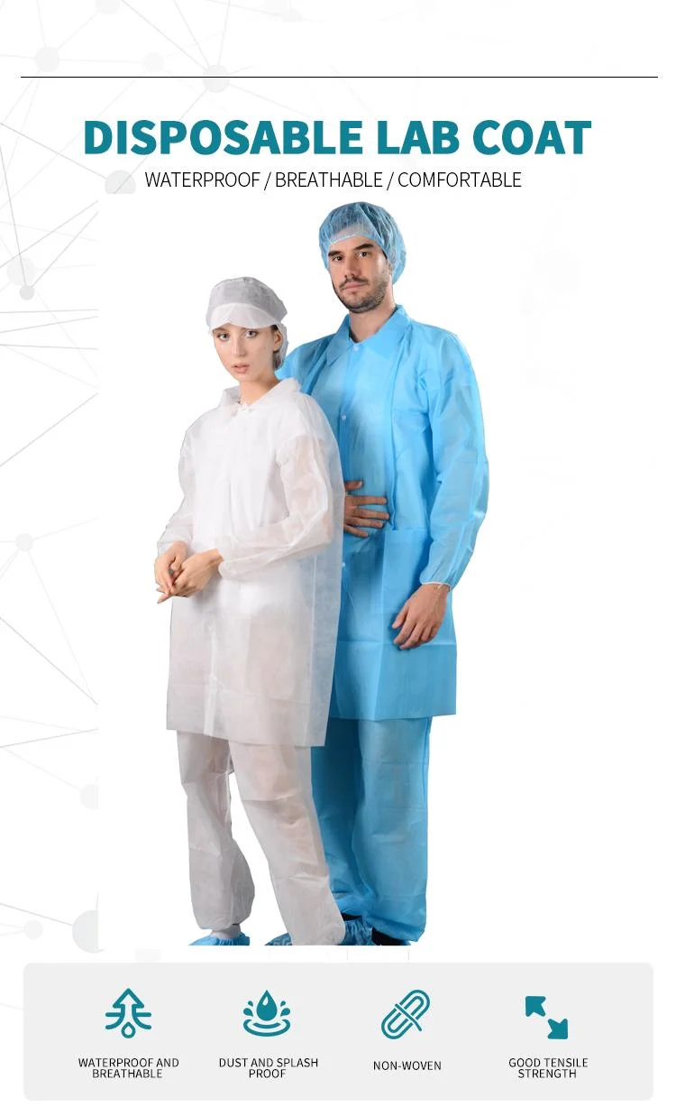 Disposable Surgical Gown Medical Isolational 25GSM PP Lab Coat, White and Blue Medical Doctor and Nurse Scrub Suits and Lab Coat