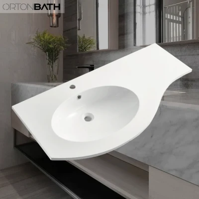 Ortonbath D Shape Art Thin Edge Bathroom Cabinet Single Bowl Bathroom Resin Gel Coat Artificial Stone Hand Vanity Wash Basin Otrss1100L