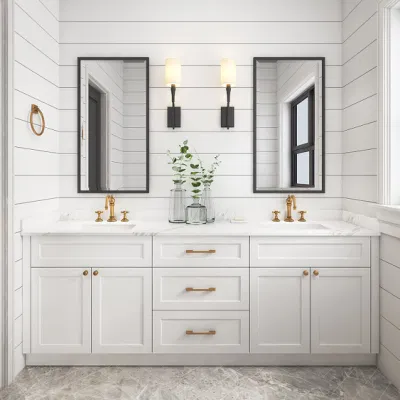 PA Bathroom Furniture Luxury Double Basin Vanity Sink PVC Storage Bathroom Cabinet