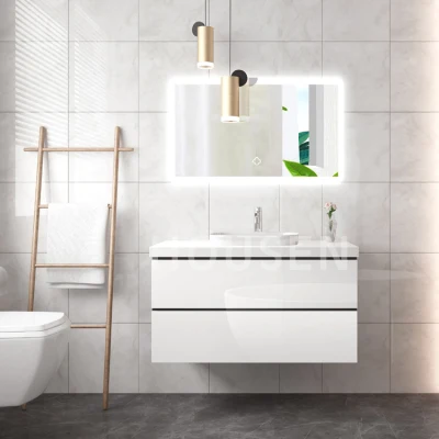 European Style Groove Fluted White Hotel Toilet Room Wooden Furniture Bathroom Cabinet Marble Washing Sink and LED Mirror