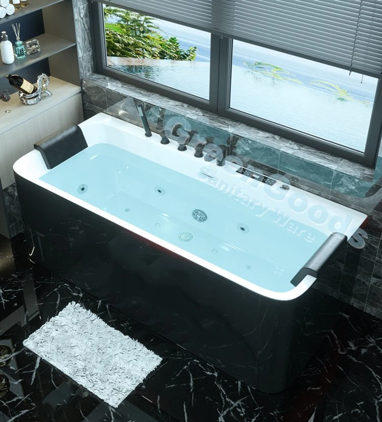 CE Hot Sale Indoor Modern Black Freestanding Lady Bath Tub Deluxe 2 People Hydraulic Massage Whirlpool Bathtub