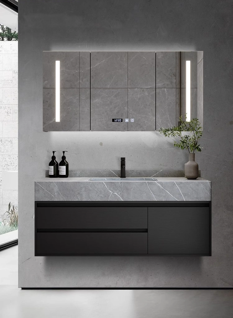 Modern Design Slate Countertop Wall Hung Vanity Wooden Panel Bathroom Cabinet with Mirror