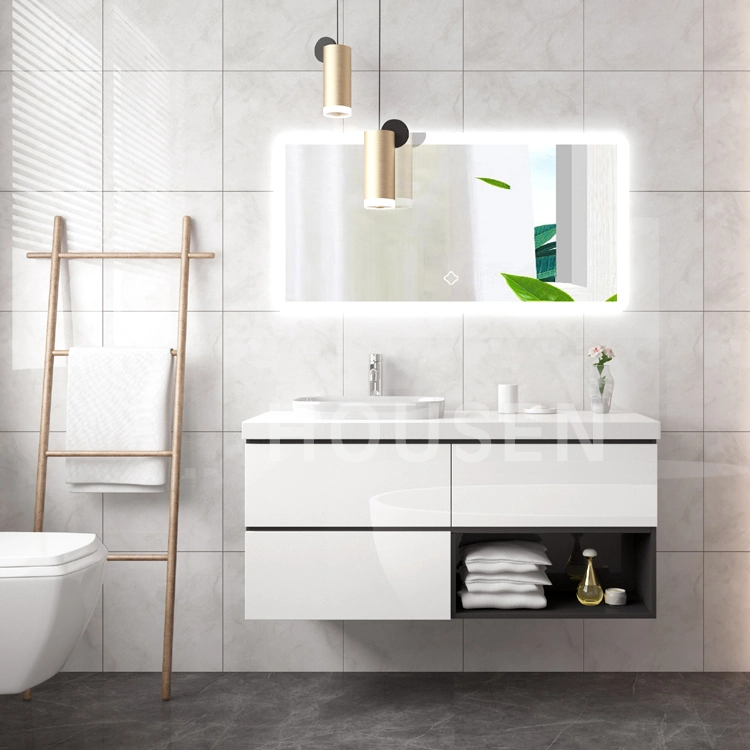 European Style Groove Fluted White Hotel Toilet Room Wooden Furniture Bathroom Cabinet Marble Washing Sink and LED Mirror