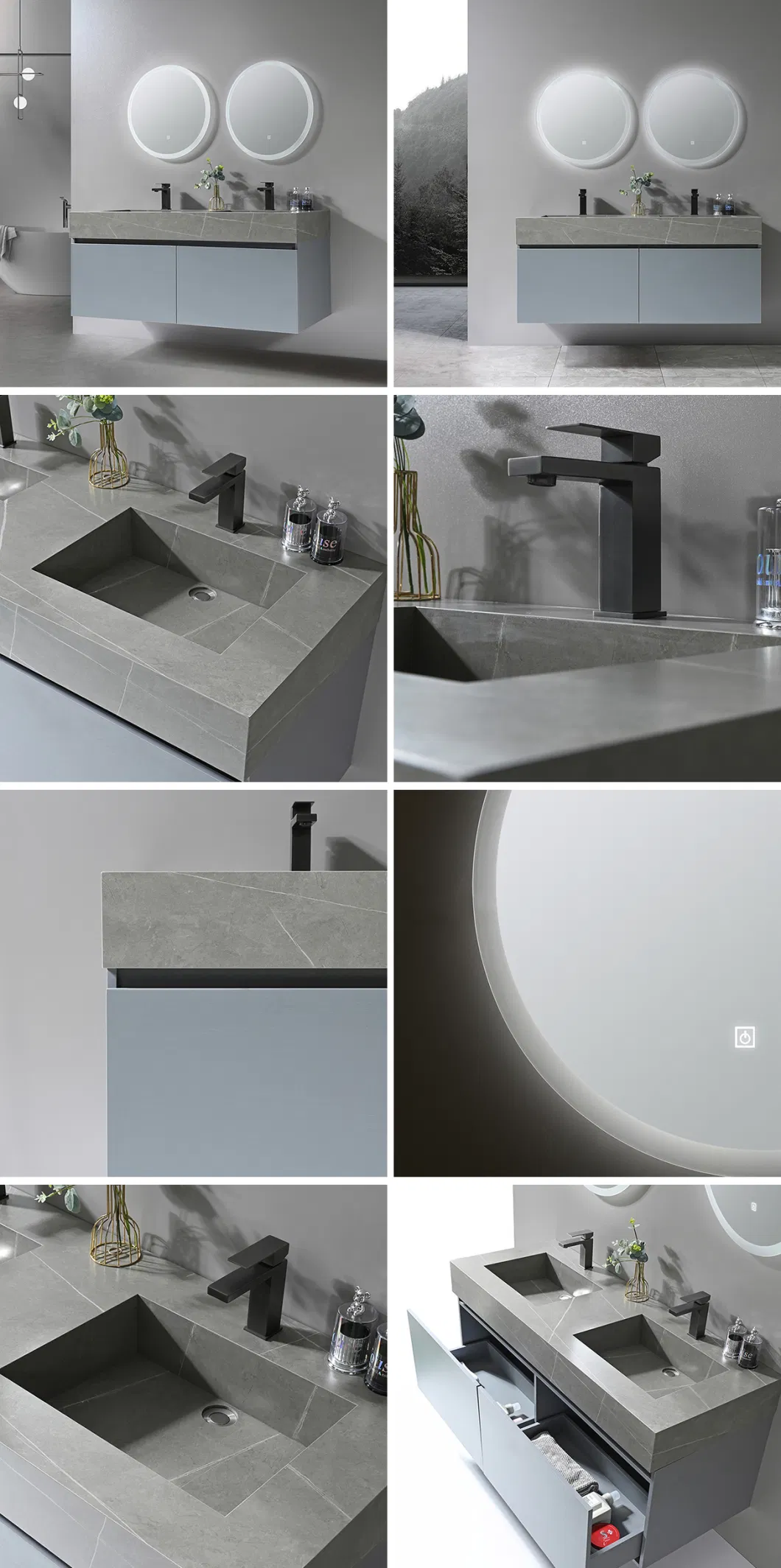 Plywood Lavatory Bathroom Vanity Double Sink Set with Smart Mirror