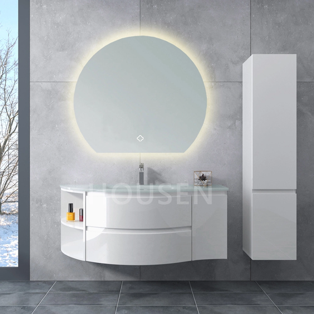 High Gloss Paint PVC Anisotropic Shaped Waterproof Glass Basin Customized Factory Bathroom Cabinet