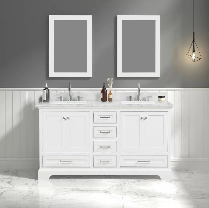 Aluminum MDF Home Decor Double Sinks Free-Standing Bathroom Vanity Cosmetic Makeup Mirror with Ceramics Top and LED Mirror Storge Cabinet Furniture