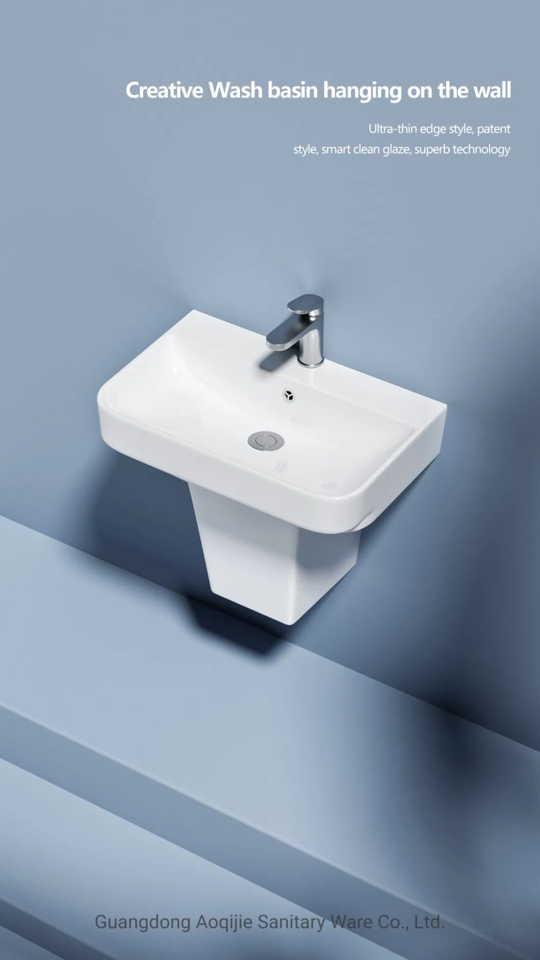 Patent Deisgn High Quality Wholesale Half Pedestal Washing Basin Bathroom Semi Pedestal Basin Unique Rectangle Sinks Wallhung Basin