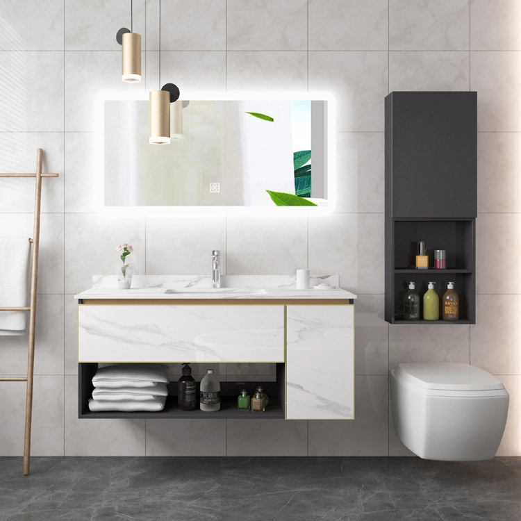 Wholesale of White Solid Wood Bathroom Furniture Rock Board Countertop with Mirror Clock Bathroom Makeup Cabinet Modern Bathroom Cabinet