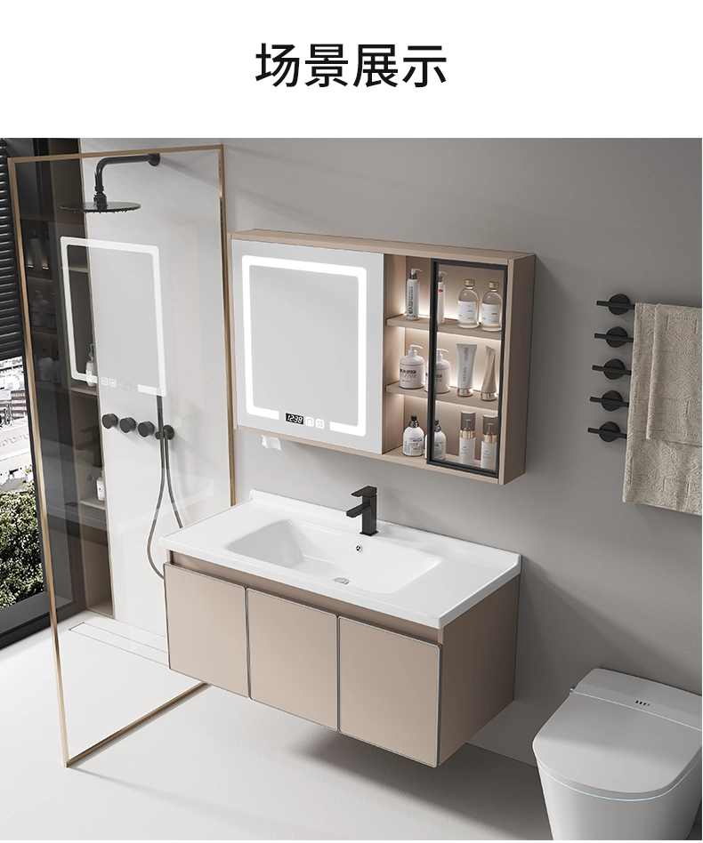 Made in China Solid Wooden Bathroom Vanity Cabinet with Ceramic Countertop Art Wash Basin LED Mirror Cabinet