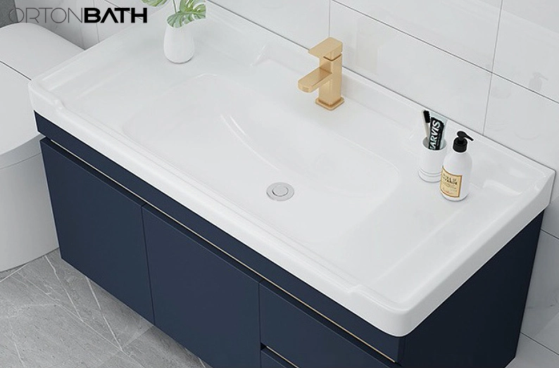 Ortonbath Modern Flooring Standing Ceramic Sink Blue Bathroom Wood Vanity Unit Cabinet Artificial Stone Bathroom Furniture with Gold Metal Handles LED Mirror